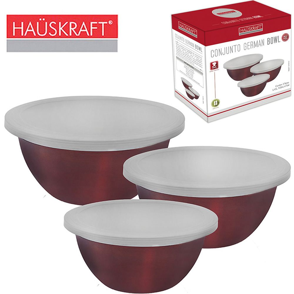 CONJUNTO DE POTE / TIGELA DE INOX REDONDA BOWL METALIZADO VERMELHO COM TAMPA GERMAN HAUSKRAFT 3 PECAS