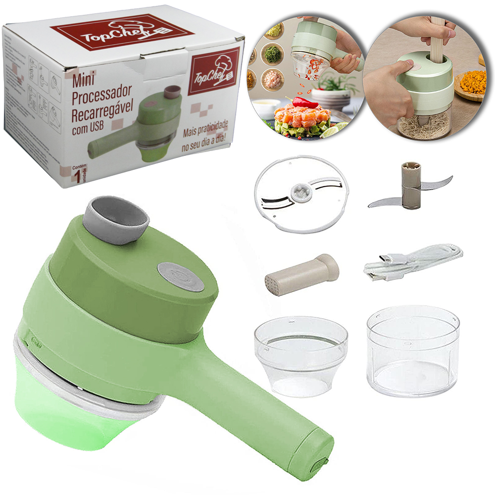PROCESSADOR DE ALIMENTOS COM CORTADOR FATIADOR RECARREGAVEL 2 EM 1 COM 4 LAMINAS CABO USB