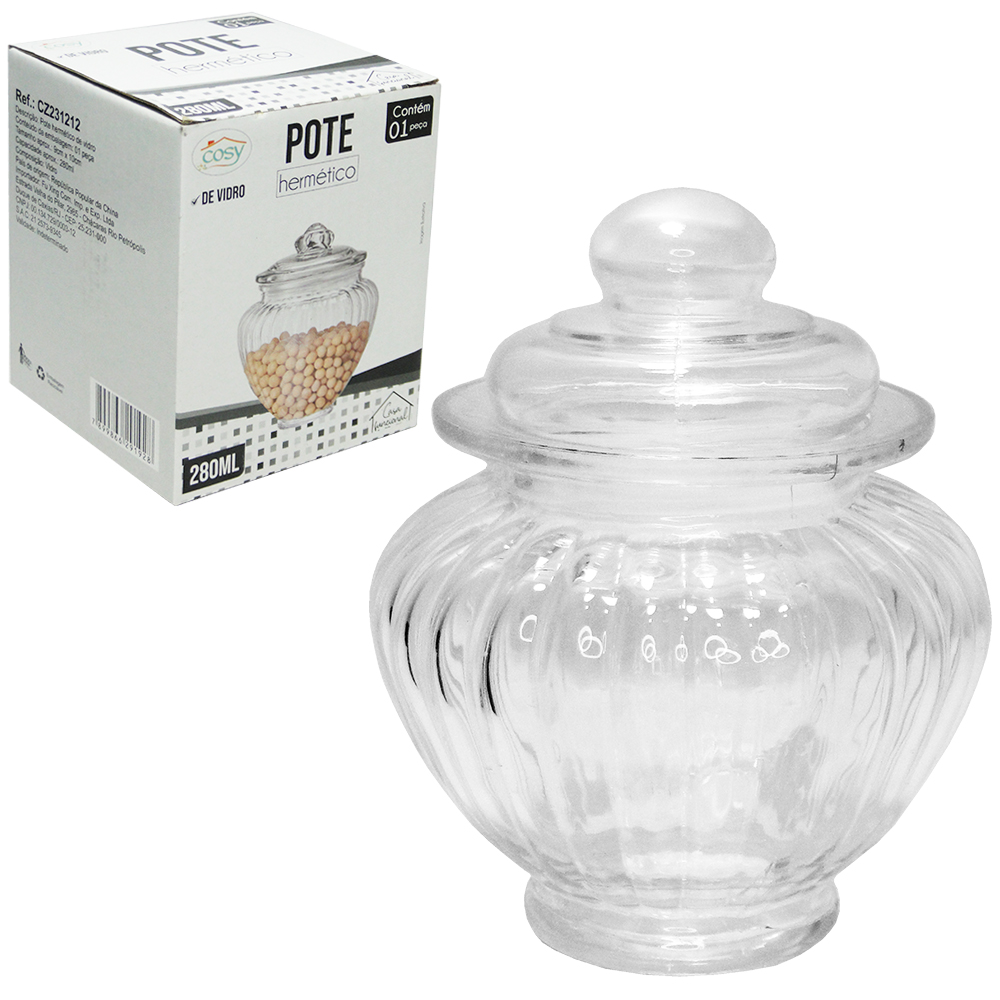 POTE DE VIDRO REDONDO BOJUDO COM TAMPA HERMETICA 280ML
