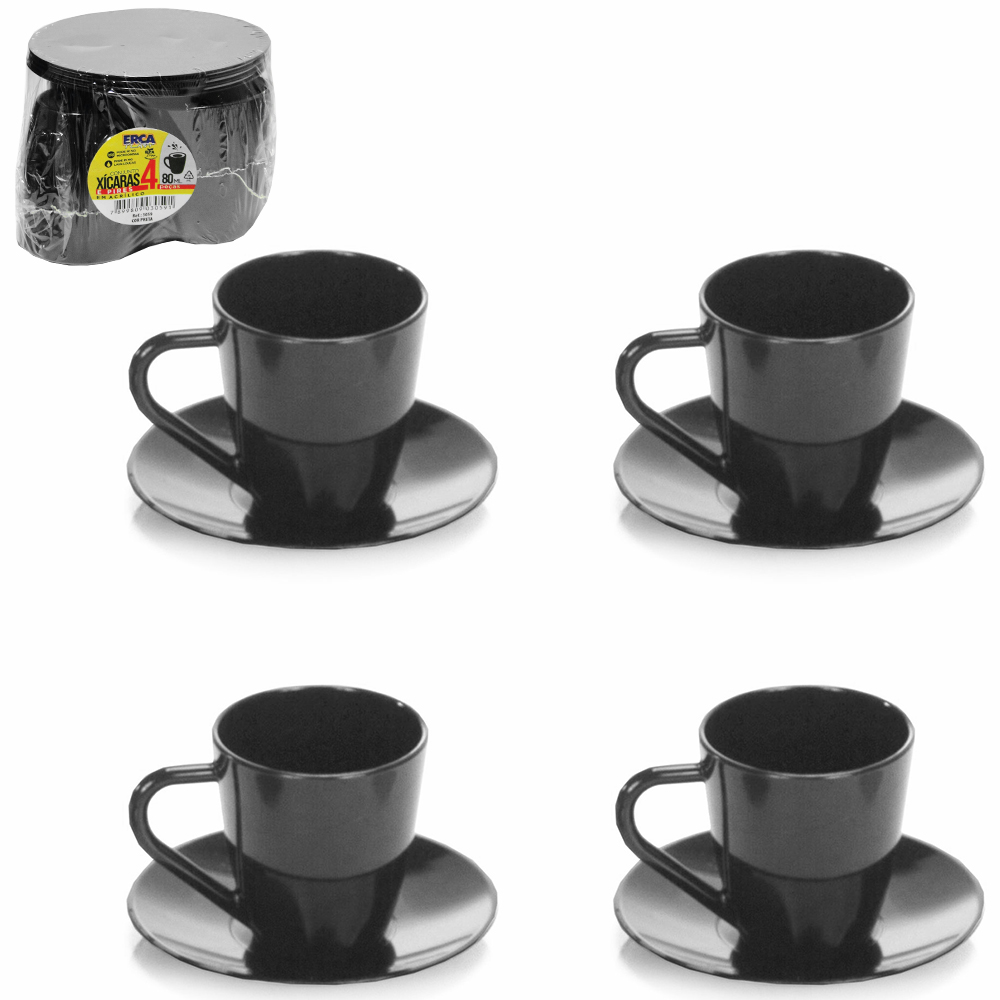 JOGO DE XICARA DE ACRILICO COM PIRES PARA CAFE PRETA COM 8 PECAS 80ML