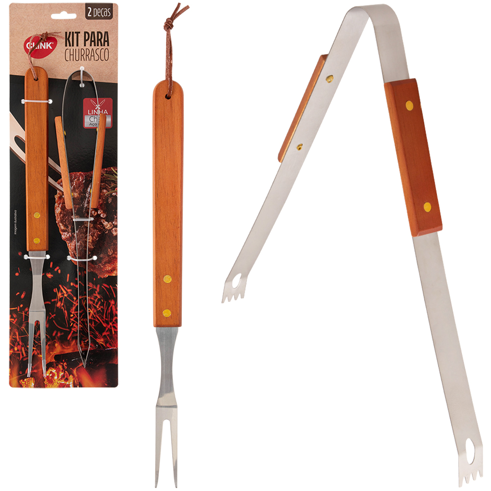 CONJUNTO DE CHURRASCO DE INOX COM PEGADOR + GARFO CABO MADEIRA
