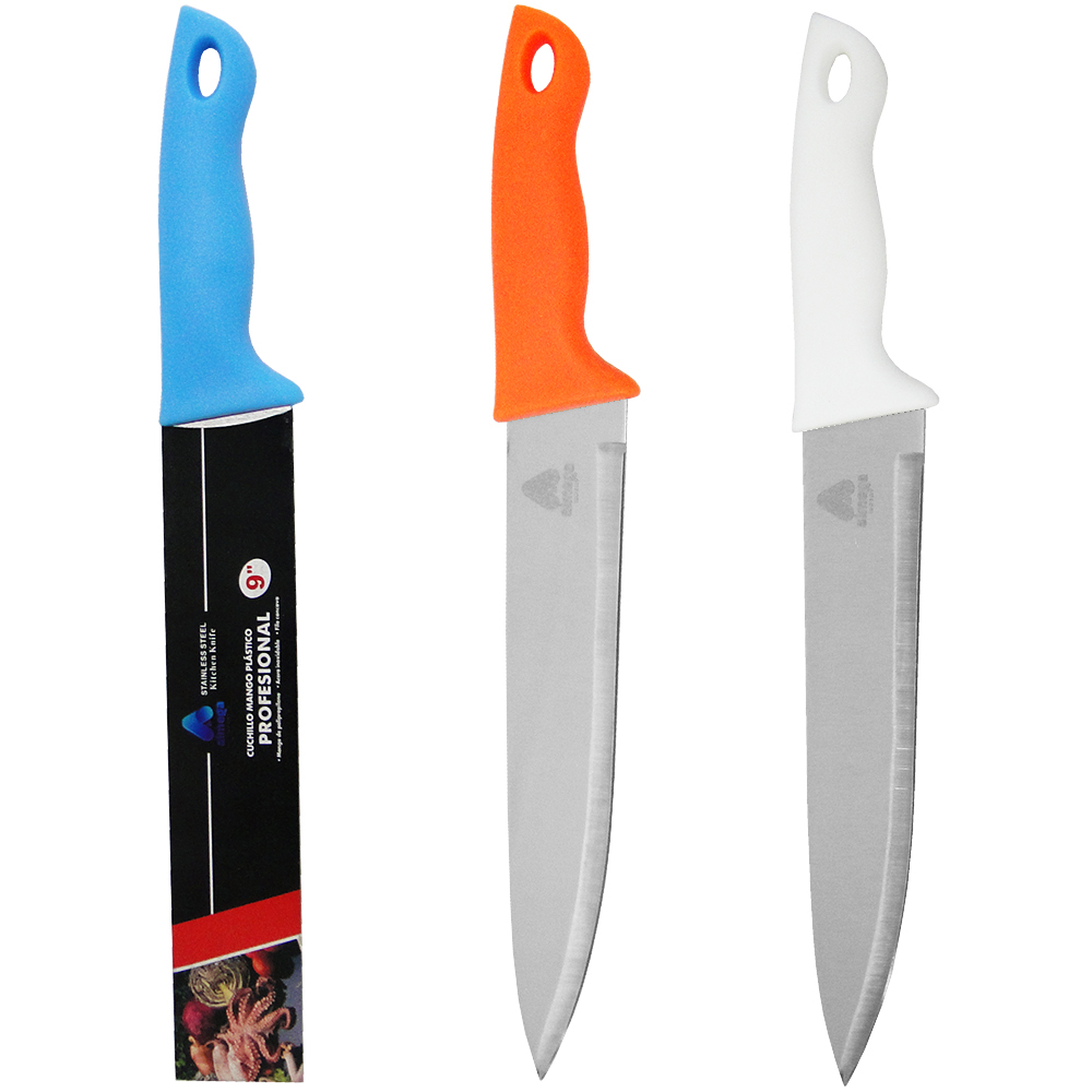 FACA DE CARNE / PEIXEIRA DE INOX 9'' CABO PLASTICO COLORS