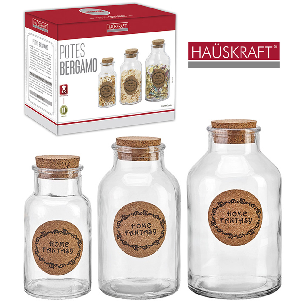 CONJUNTO DE POTE DE VIDRO REDONDO COM TAMPA CORTICA BERGAMO HAUSKRAFT 3 PECAS 750 / 540 / 280ML