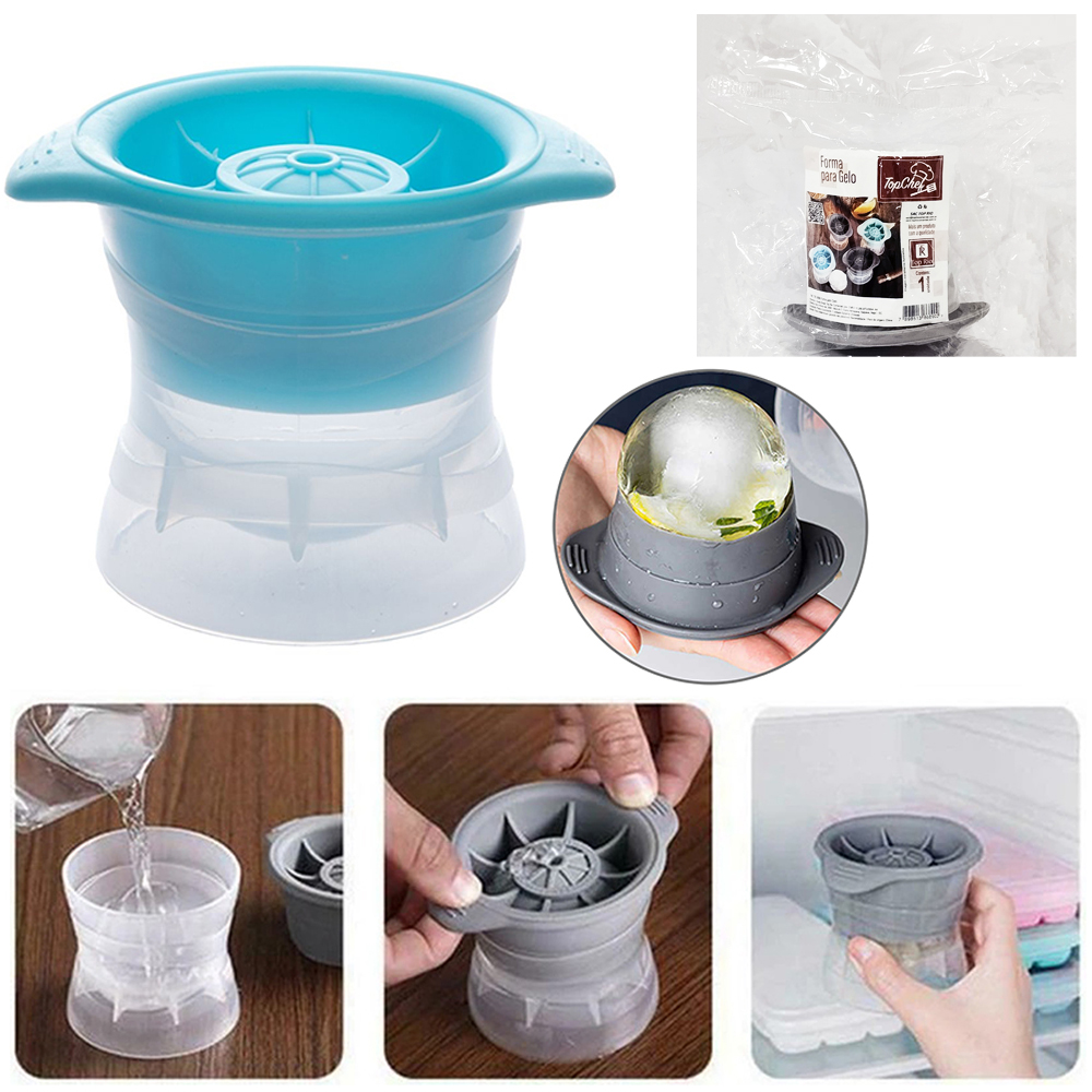 FORMA DE GELO BOLA ESFERICA DE PLASTICO COM TAMPA SILICONE 7,5X6,5X6CM DE Ø