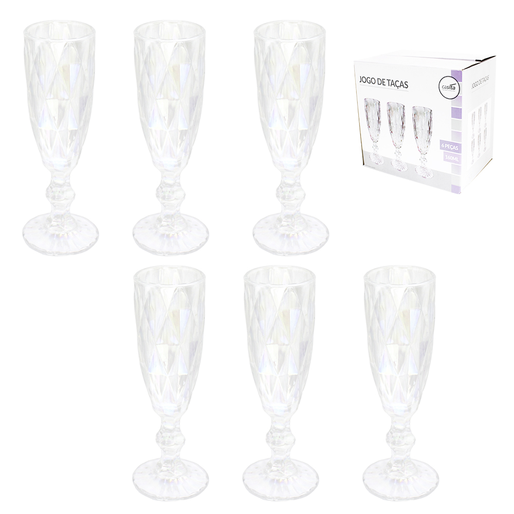 JOGO DE TACA DE VIDRO PARA CHAMPANHE CINTILANTE 6 PECAS 160ML