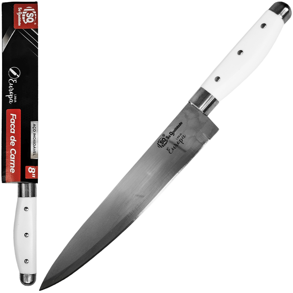 FACA DE CARNE / PEIXEIRA DE INOX 8'' CABO PLASTICO BRANCO EUROPA