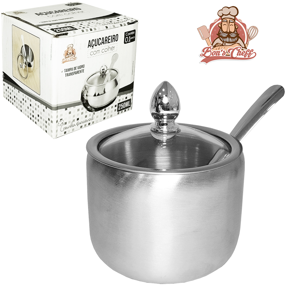 ACUCAREIRO / PORTA CONDIMENTO DE INOX + COLHER E TAMPA VIDRO 250ML