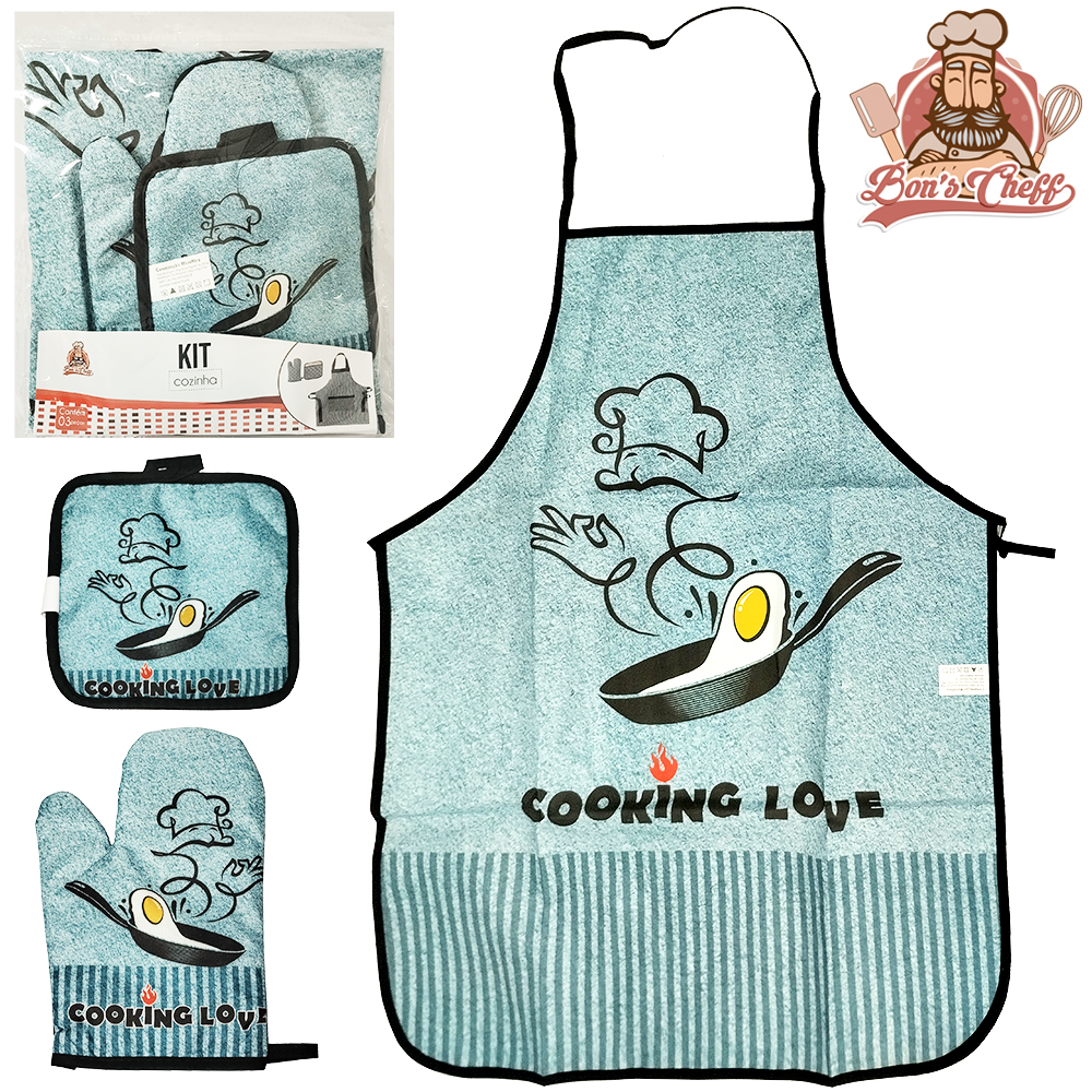 KIT COZINHA COM AVENTAL + LUVA PARA COZINHA E DESCANSO DE PANELA COM 3 PECAS BONS CHEFF