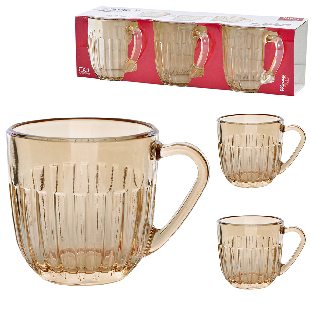 JOGO DE CANECA XICARA DE VIDRO PARA CAFE / CAPPUCCINO ATHENA AMBAR COM 3 PECAS 280ML