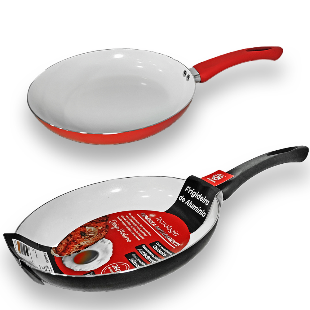 FRIGIDEIRA REVESTIDA CERAMICA ANTIADERENTE VERMELHA / PRETA CABO EMBORRACHADO 28CM DE Ø