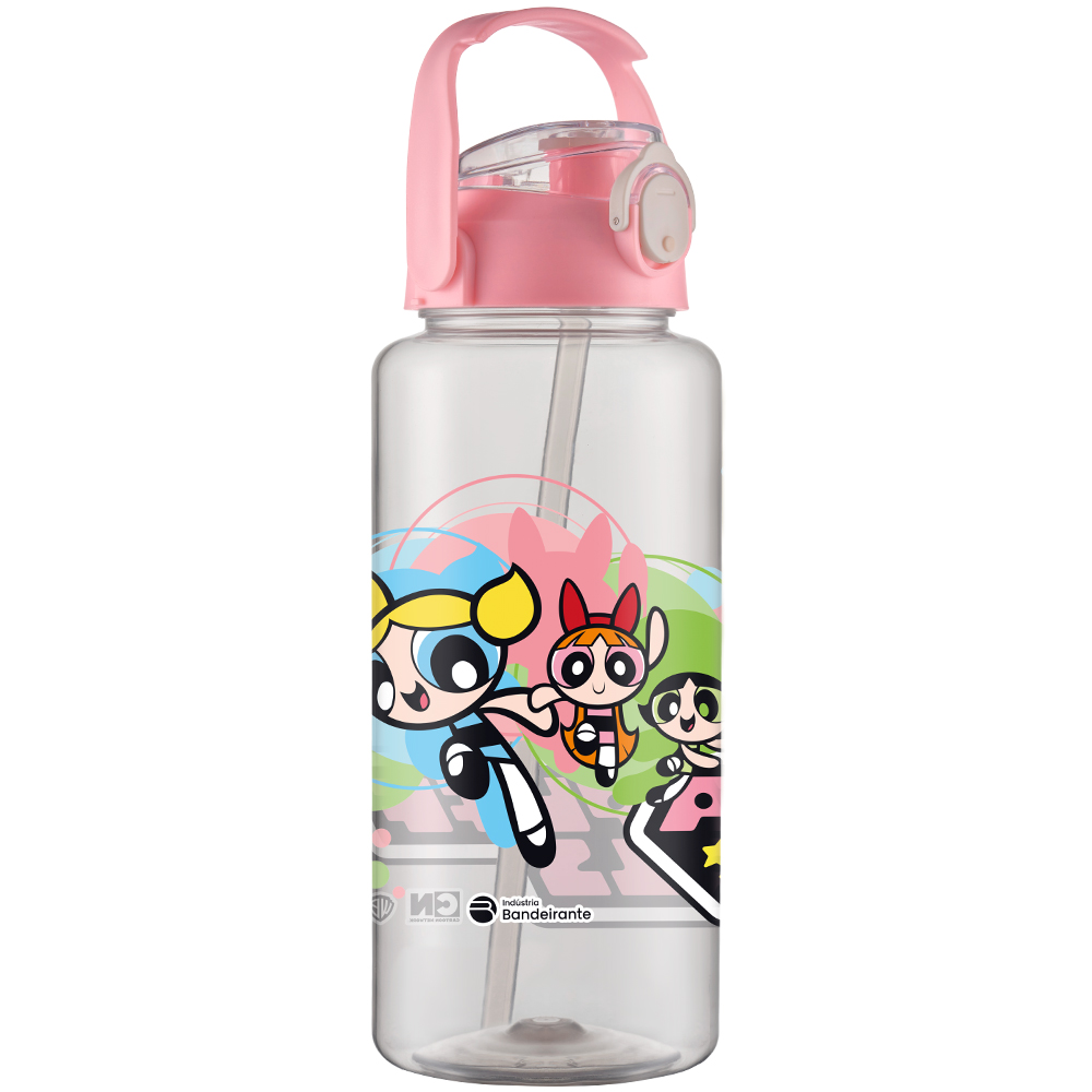 GARRAFA SQUEEZE DE PLASTICO PET TRANSPARENTE MENINAS WARNER COM CANUDO + BOTAO E ALCA 2000ML