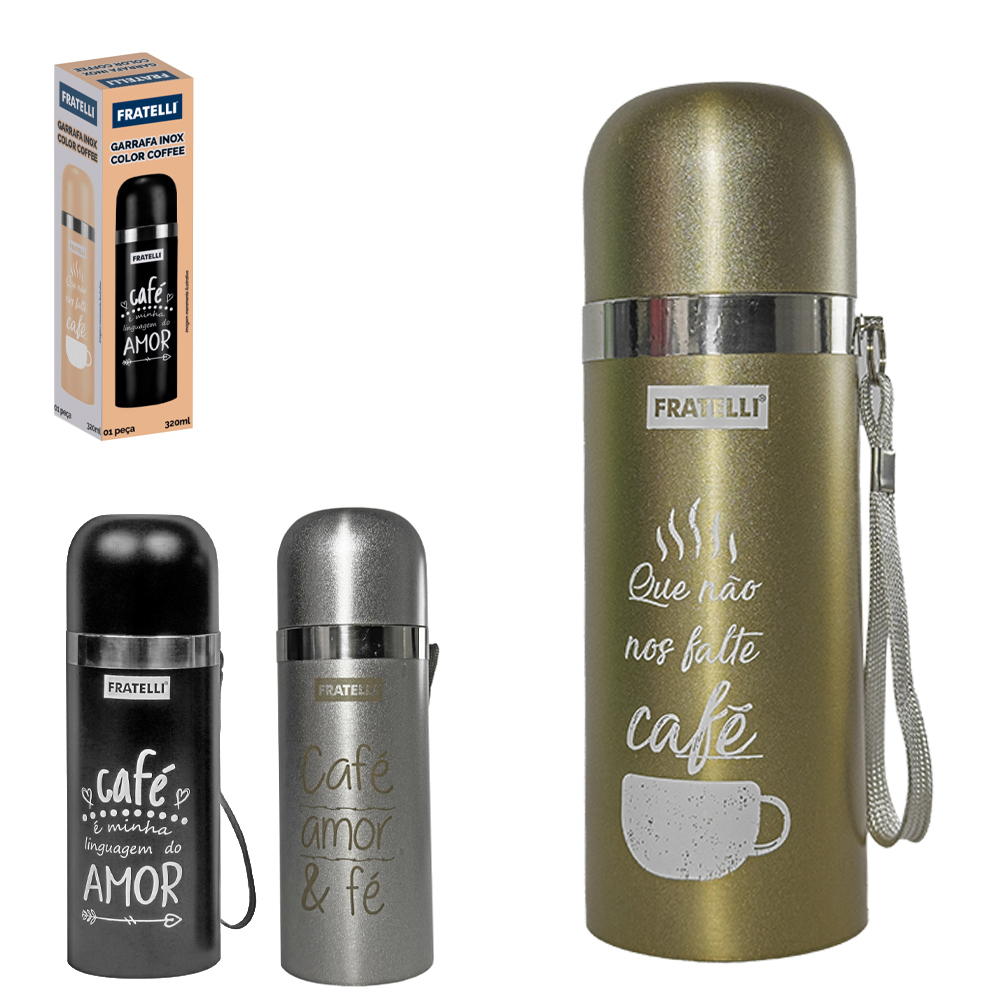 GARRAFA TERMICA DE INOX COM TAMPA + ALCA COLOR COFFEE FRASES CAFE 320ML