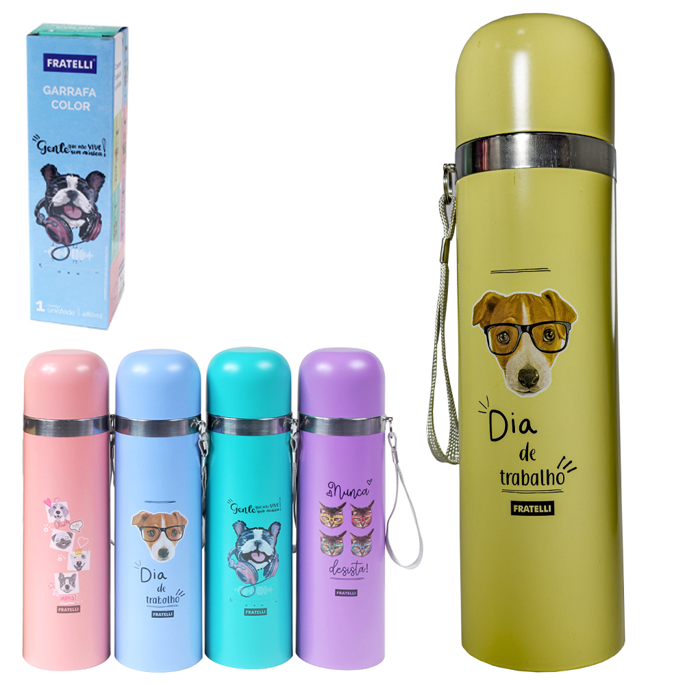 GARRAFA TERMICA DE INOX COM TAMPA + ALCA COLOR 480ML