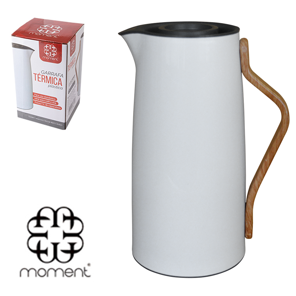 GARRAFA TERMICA BRANCA CABO TIPO MADEIRA MOMENT 1L