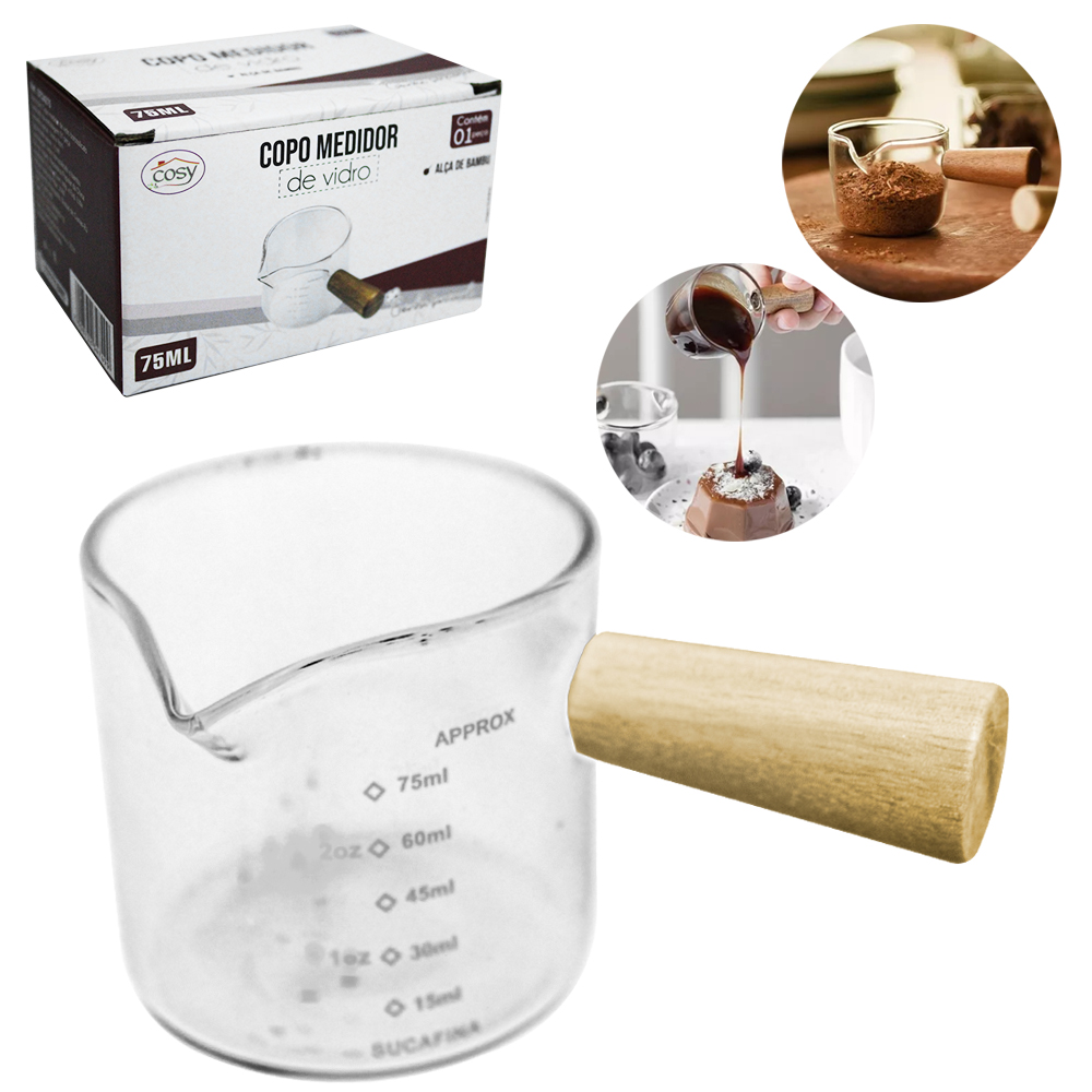 COPO MEDIDOR / DOSADOR GRADUADO PARA CAFETEIRA EXPRESSO DE VIDRO COM ALCA MADEIRA 75ML