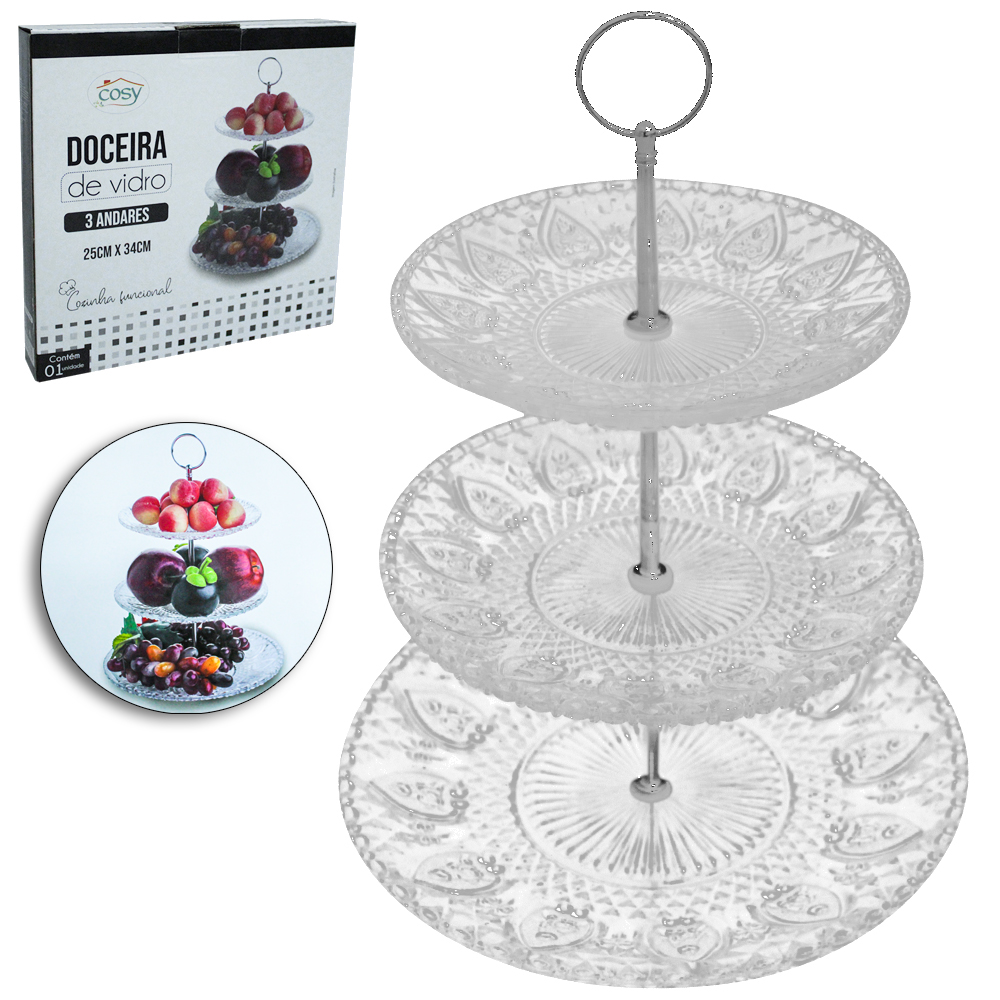 PRATO DE VIDRO TRIPLO PARA BOLO/DOCES 18 / 20 / 25CM DE Ø