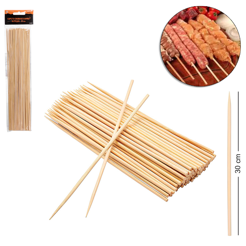 ESPETO / PALITO DE BAMBU PARA CHURRASCO COM 80 PECAS 30CM