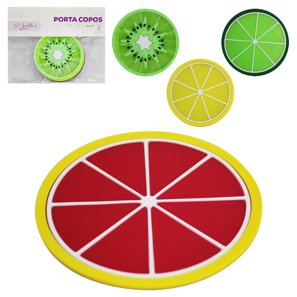 PORTA COPO DE SILICONE REDONDO FRUTAS FACILITE.UD COM 4 PECAS 8,5CM DE Ø 