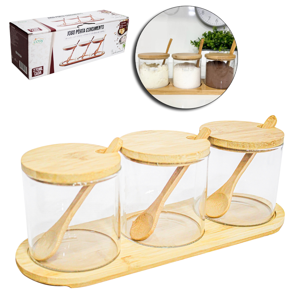 JOGO PORTA CONDIMENTO DE VIDRO 3 PECAS 270ML + COLHER + TAMPA E SUPORTE BAMBU