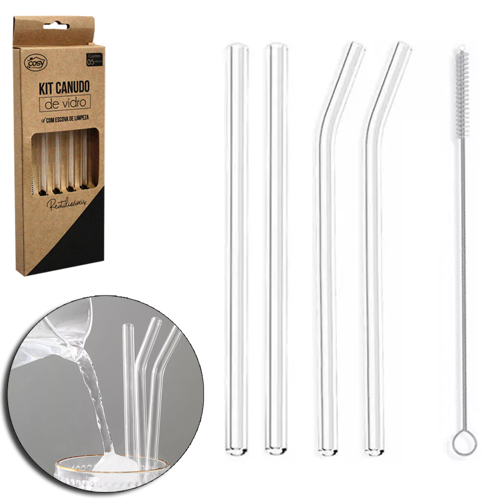 CANUDO DE VIDRO CURVADO LONGO REUTILIZAVEL 4 PECAS + ESCOVA HIGIENICA
