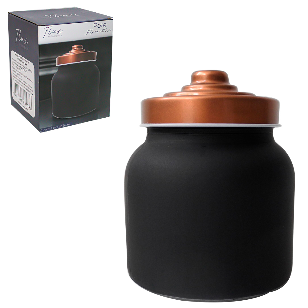 POTE DE VIDRO REDONDO PRETO FOSCO COM TAMPA HERMETICA FLUX 660ML