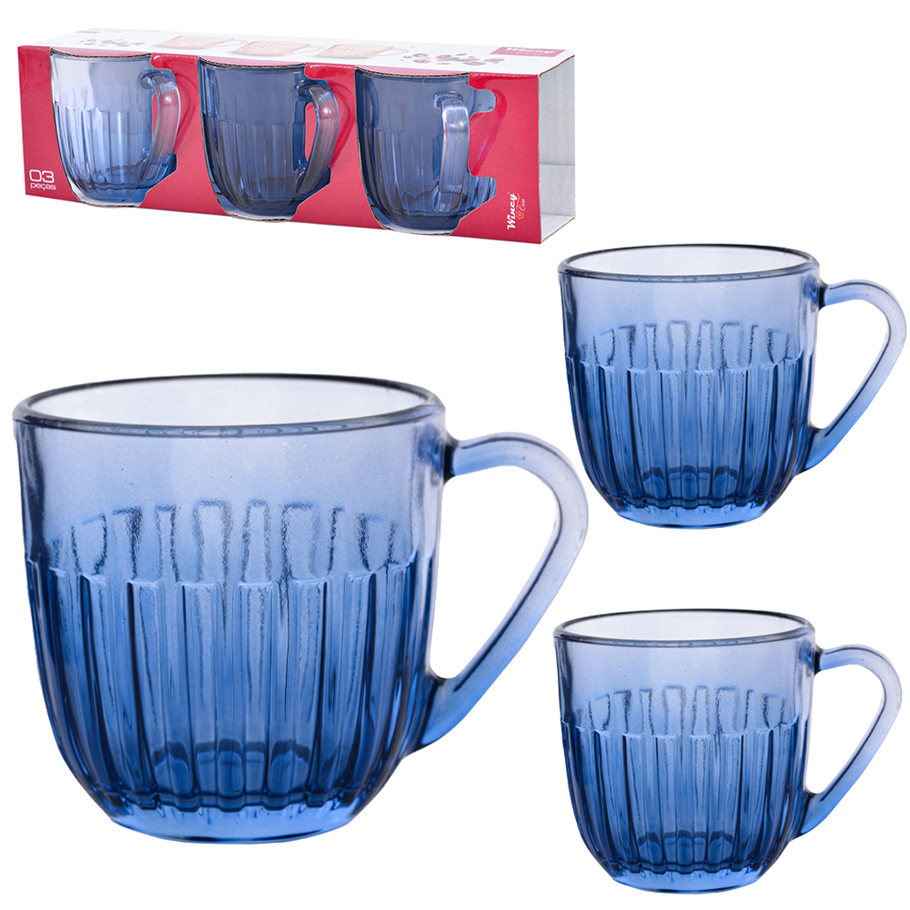 JOGO DE CANECA XICARA DE VIDRO PARA CAFE ATHENA AZUL COM 3 PECAS 90ML