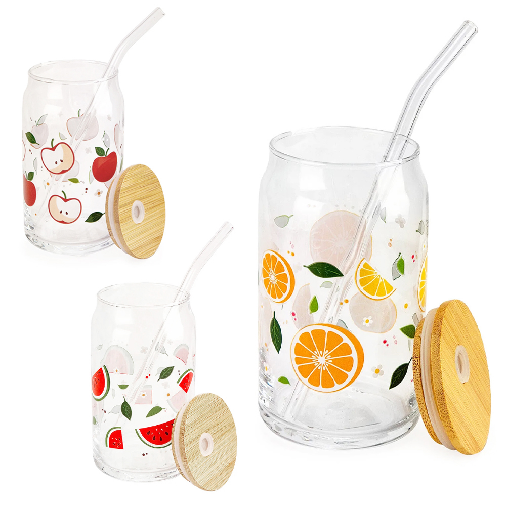 COPO DE VIDRO FRUTAS COM CANUDO + TAMPA HERMETICA DE MADEIRA / BAMBU 470ML