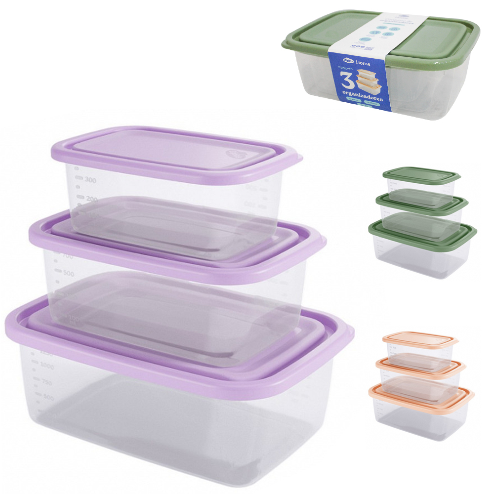 CONJUNTO DE ORGANIZADOR DE PLASTICO RETANGULAR GRADUADO PMG HOME COM TAMPA 3 PECAS 1470 / 850 / 460ML 