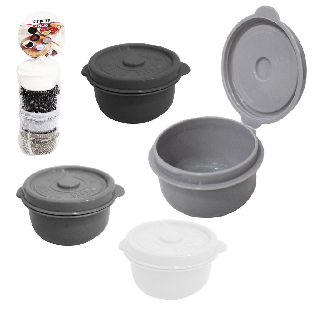 CONJUNTO DE MINI POTE DE PLASTICO REDONDO COM TAMPA 4 PECAS 50ML NA REDE