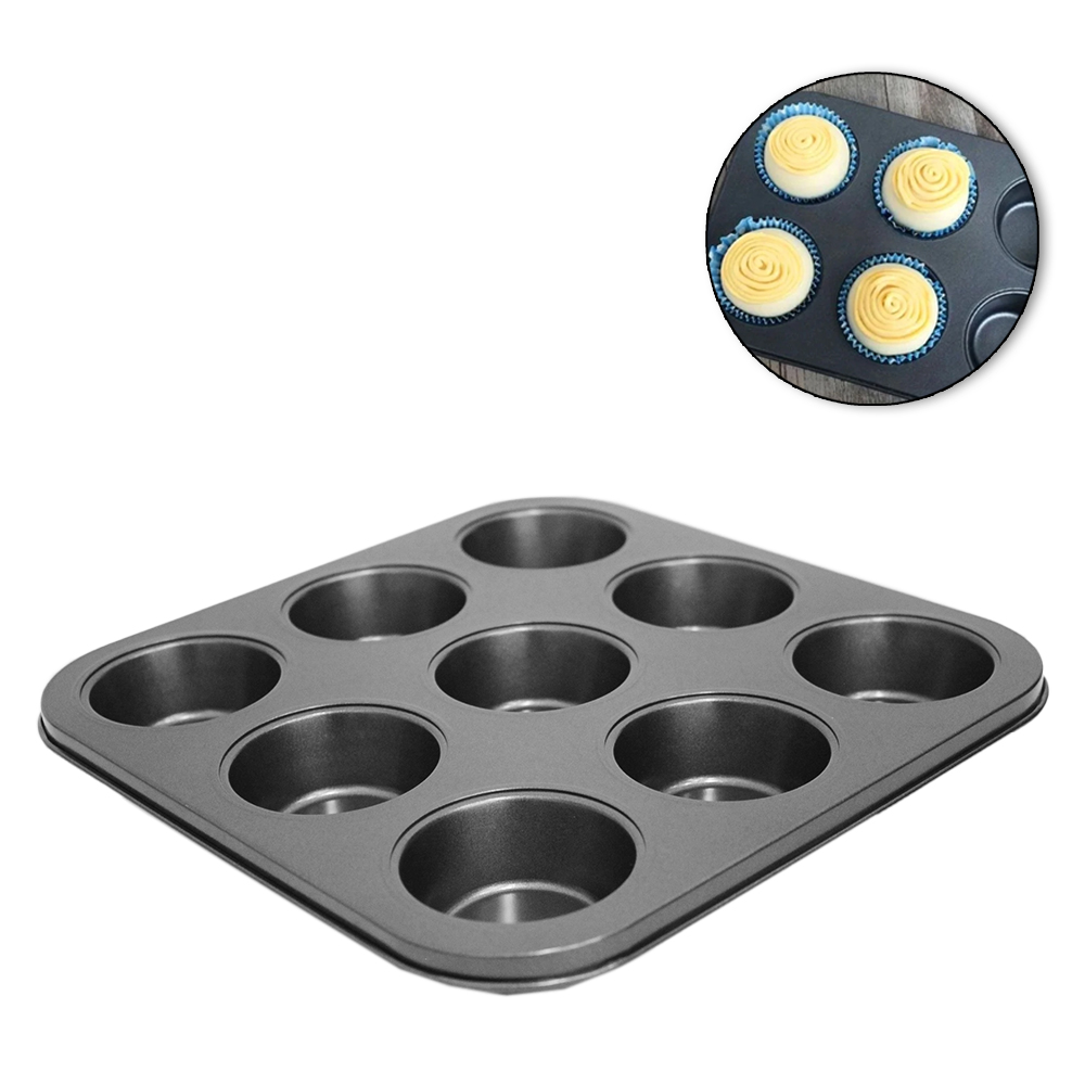 FORMA ASSADEIRA DE ACO CARBONO ANTIADERENTE PARA CUPCAKE COM 9 CAVIDADES 26X2,5CM