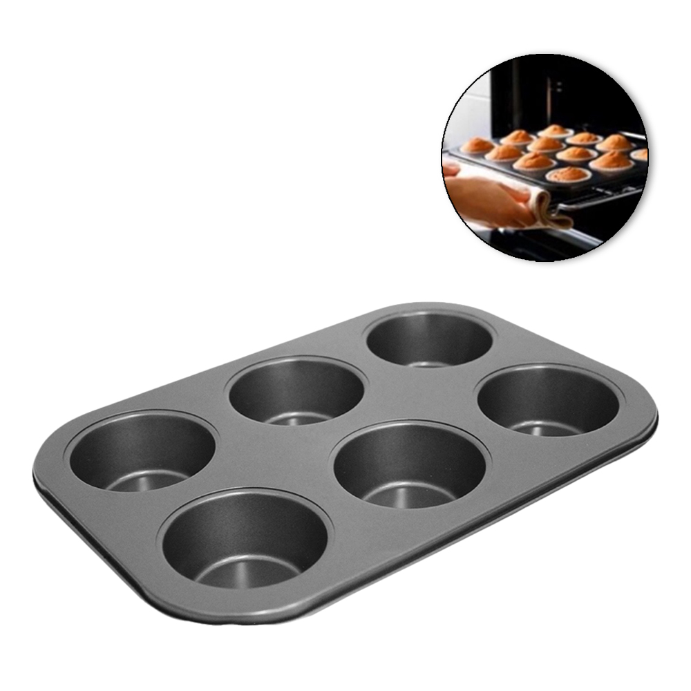 FORMA ASSADEIRA DE ACO CARBONO ANTIADERENTE PARA CUPCAKE COM 6 CAVIDADES 26X18X2,5CM