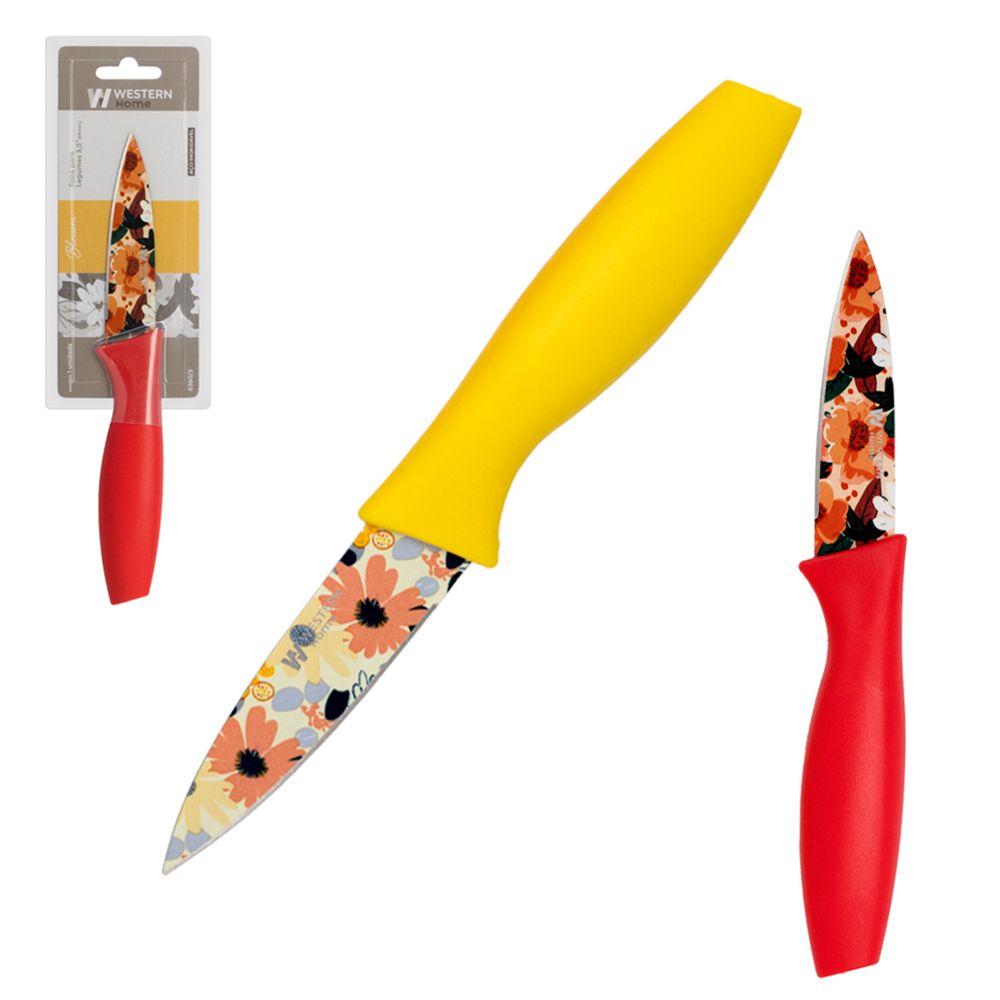 FACA DE LEGUMES 3,5'' DECORADA INOX CABO PLASTICO AMARELO / VERMELHO BLOSSOM