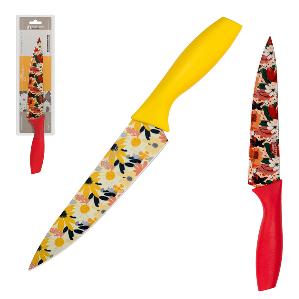 FACA DE CARNE / PEIXEIRA 7'' INOX DECORADA CABO PLASTICO AMARELO / VERMELHO CHEFE BLOSSOM