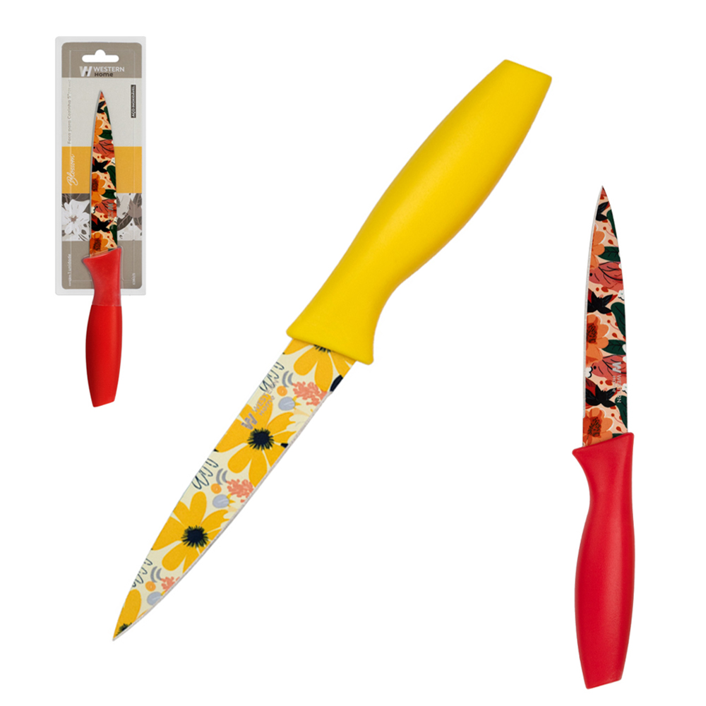 FACA DE LEGUMES 5'' INOX DECORADA CABO PLASTICO AMARELO / VERMELHO BLOSSOM