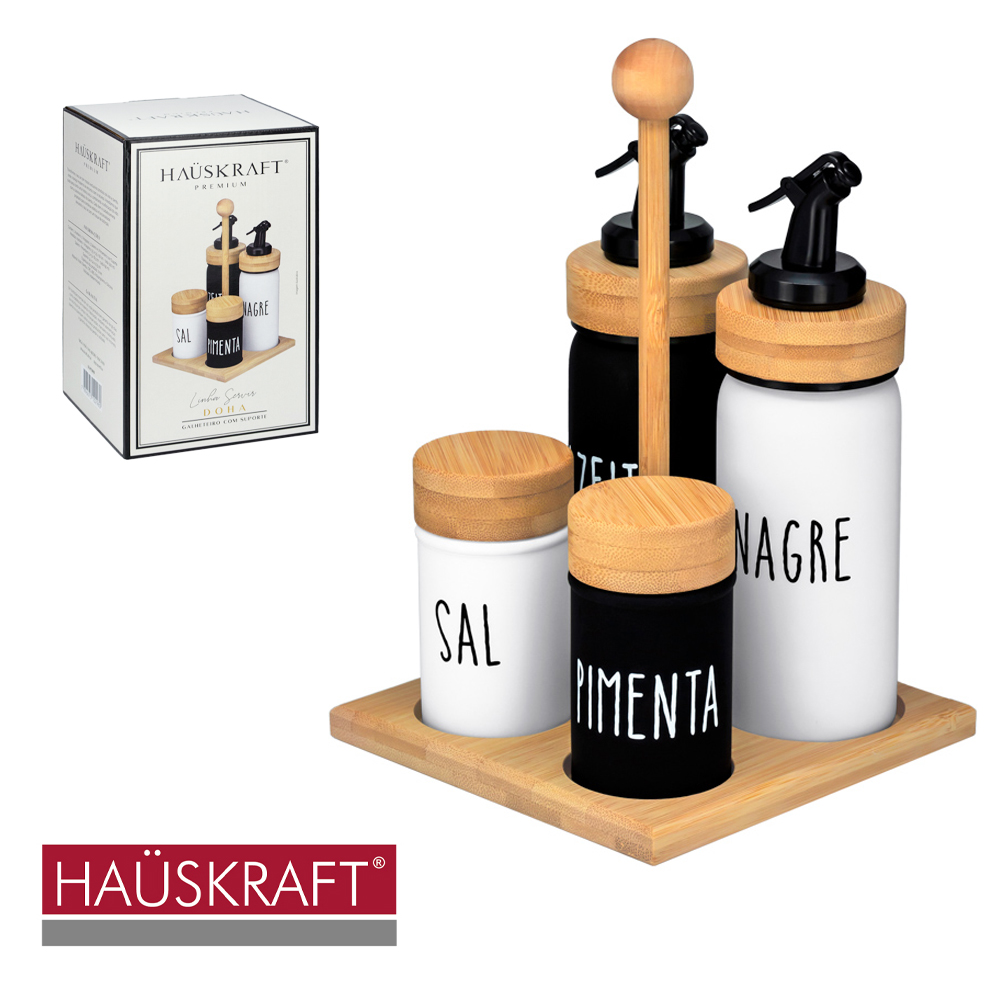 GALHETEIRO DE VIDRO COM 4 PECAS 220 / 90ML COM TAMPA E SUPORTE DE BAMBU LINHA SERVIR DOHA HAUSKRAFT PREMIUM