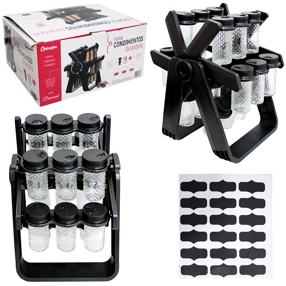 PORTA CONDIMENTO DE VIDRO / PLASTICO COM 18 PECAS 85ML + SUPORTE GIRATORIO DIAMOND BLACK