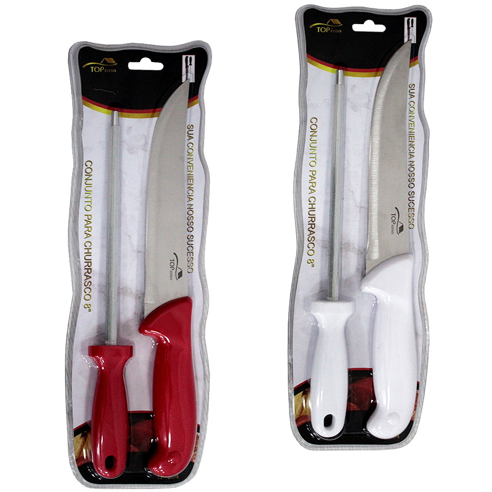 CONJUNTO DE FACA DE CHURRASCO 8'' + CHAIRA 7,5'' INOX CABO PLASTICO TOP CASA