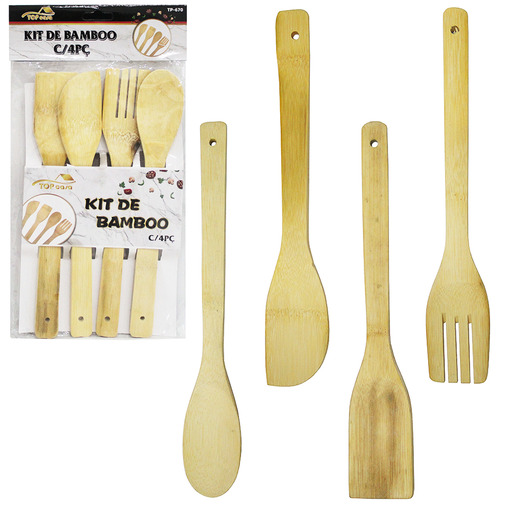 KIT C OM COLHER + ESPATULA + GARFO E ESPATULA DE PAO DURO DE BAMBU TOP CASA 4 PECAS