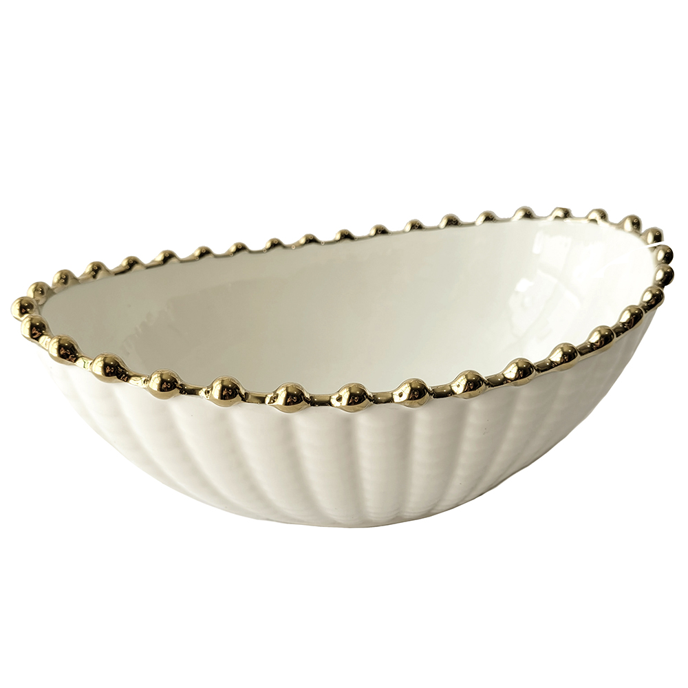 TIGELA DE PORCELANA OVAL COM BORDA PEROLA DOURADA 750ML 20X14X8CM