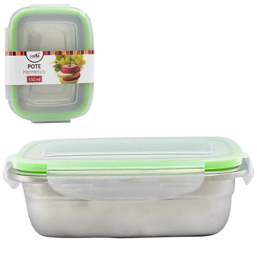 POTE RETANGULAR DE INOX COM TAMPA HERMETICA E TRAVA 550ML
