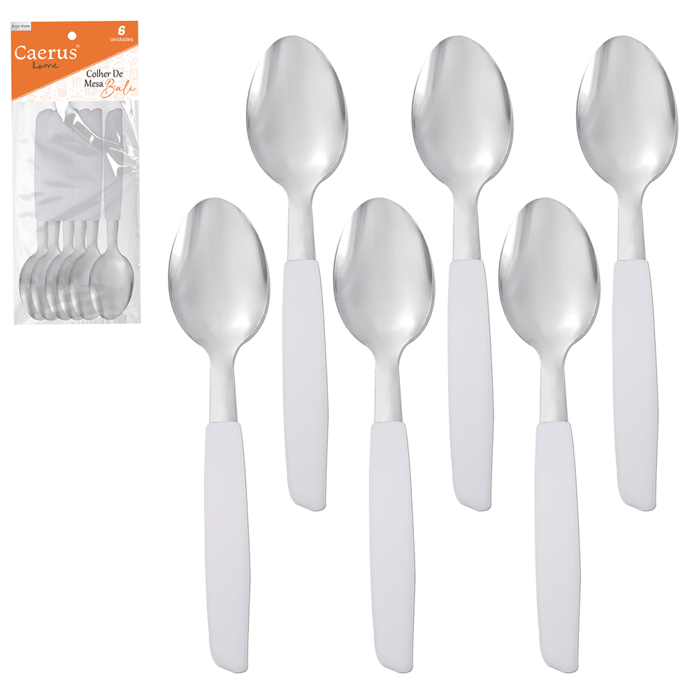 COLHER DE MESA INOX CABO PLASTICO BRANCO BALI COM 6 PECAS 18,5CM
