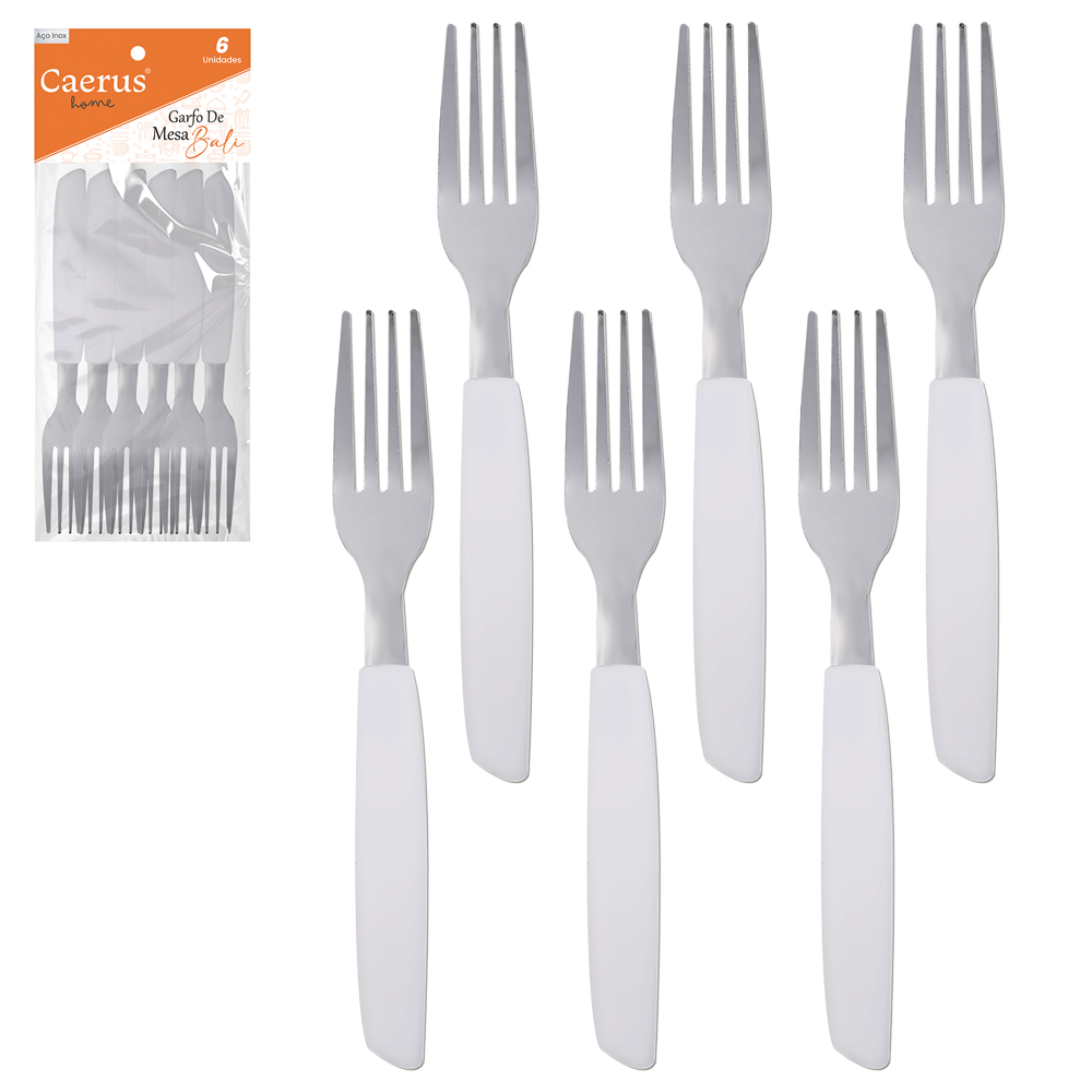 GARFO DE MESA INOX CABO PLASTICO BRANCO BALI COM 6 PECAS 19CM