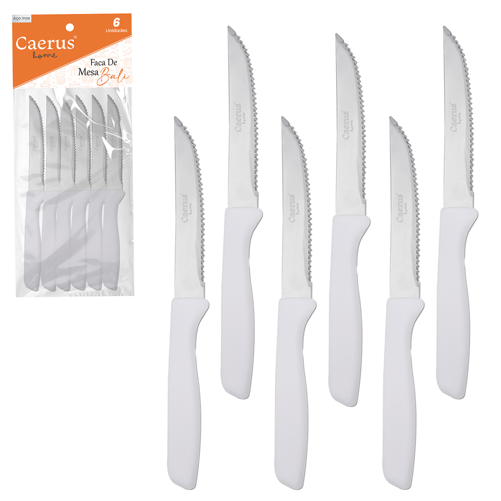 FACA DE MESA INOX CABO PLASTICO BRANCO BALI COM 6 PECAS 21CM