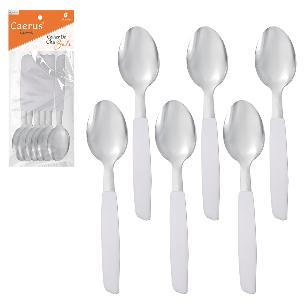 COLHER DE CHA INOX CABO PLASTICO BRANCO BALI COM 6 PECAS 13,5CM
