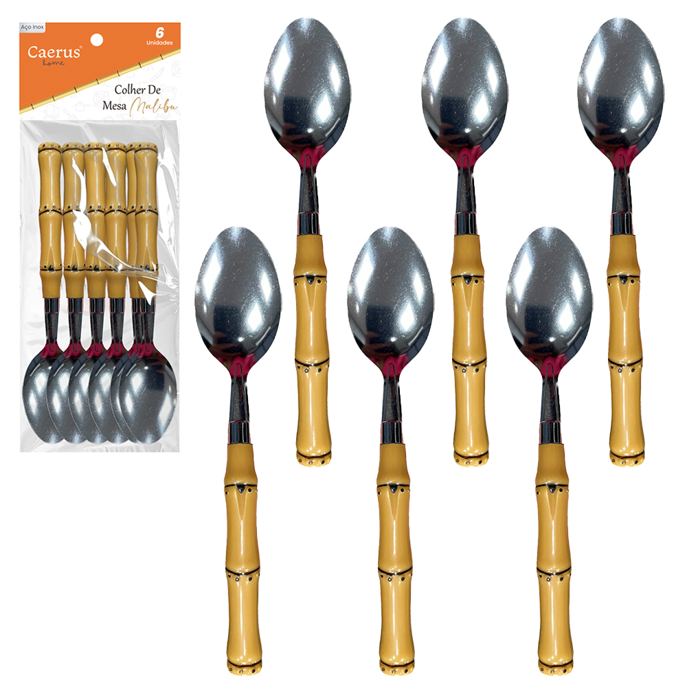 COLHER DE MESA INOX CABO PLASTICO BAMBU MALIBU COM 6 PECAS 18CM