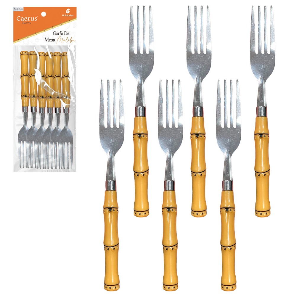GARFO DE MESA INOX CABO PLASTICO BAMBU MALIBU COM 6 PECAS 20CM