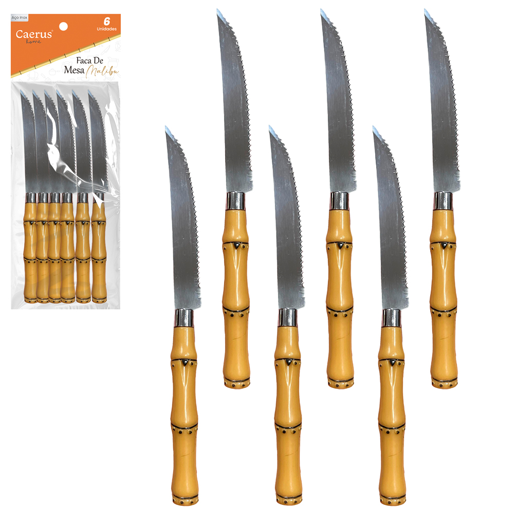 FACA DE MESA INOX CABO PLASTICO BAMBU MALIBU COM 6 PECAS 21,5CM