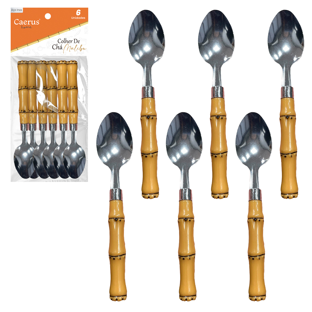 COLHER DE CHA INOX CABO PLASTICO BAMBU MALIBU COM 6 PECAS 15CM