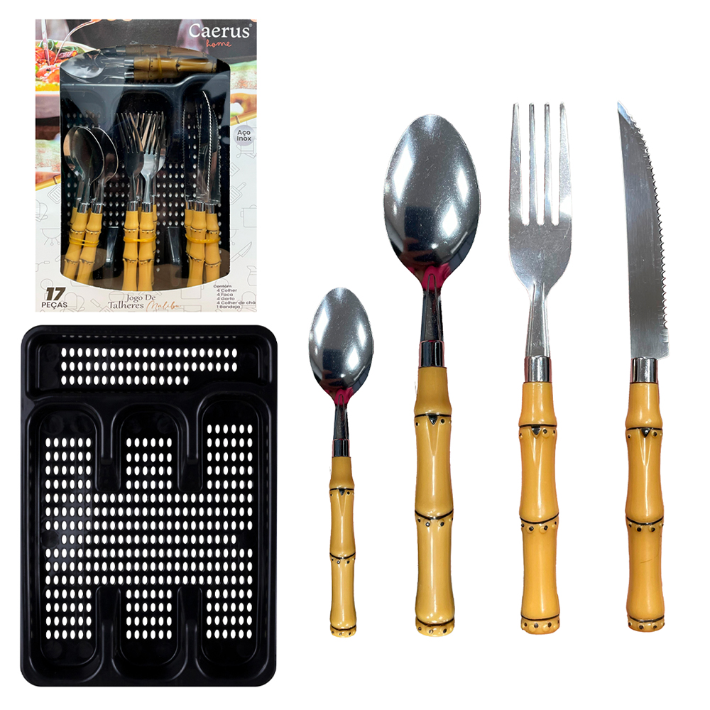 CONJUNTO DE TALHERES / FAQUEIRO INOX COM 16 PECAS CABO PLASTICO BAMBU + PORTA TALHER MALIBU