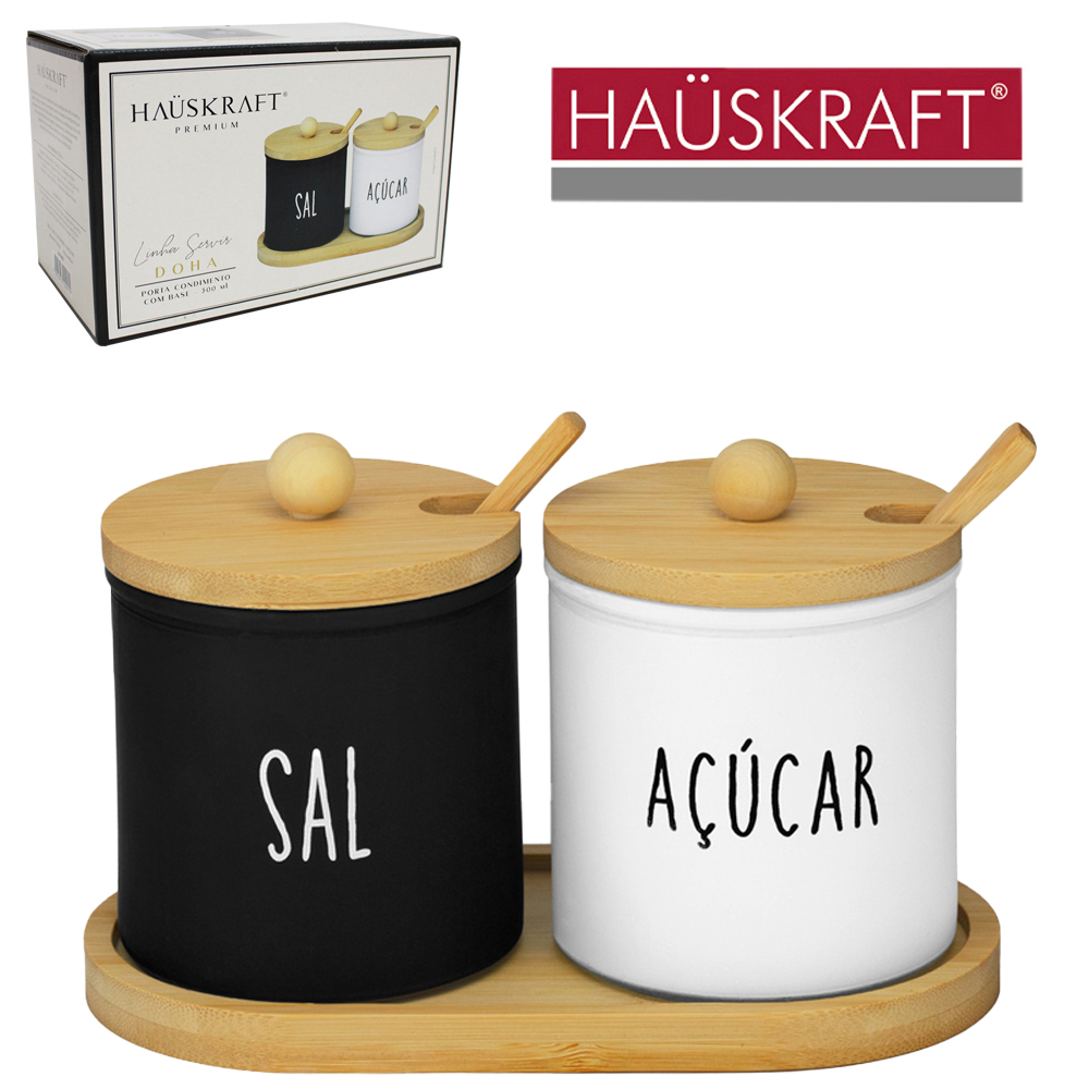 SALEIRO COM ACUCAREIRO DE VIDRO COM 2 PECAS COM COLHER + TAMPA E SUPORTE BAMBU LINHA SERVIR DOHA HAUSKRAFT PREMIUM